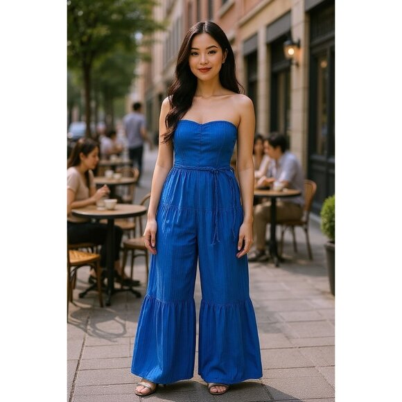 Love Tree Womens Size M Strapless Royal Blue Jumpsuit Wide Leg Boho Casual Party - Picture 1 of 11